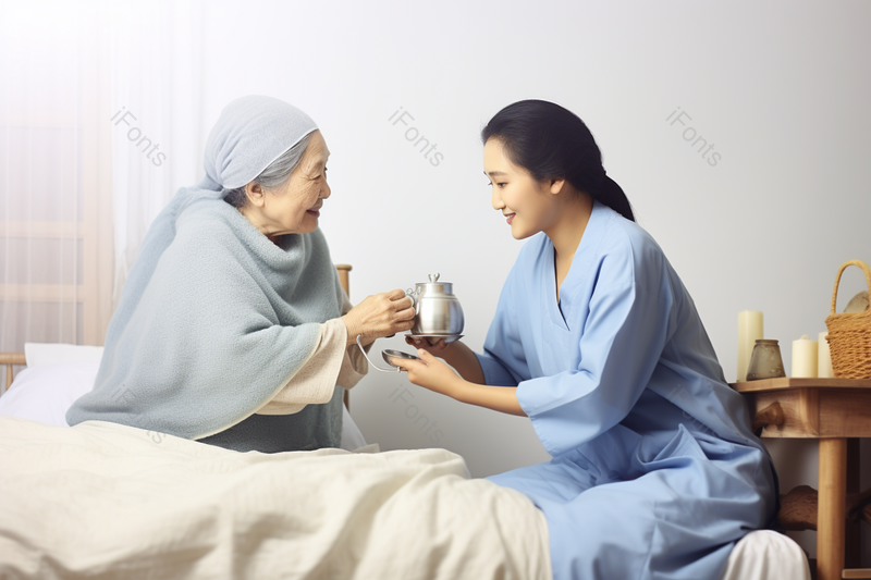 床前女人照顾老人实拍摄影图,高清,摄影图,摄影图片,图片大全,摄影图免费下载